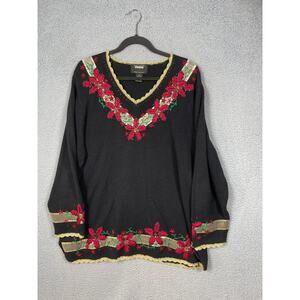 Design Originals Studio Joy Holiday Sweater gold trim Poinsettia Womens Size 2X